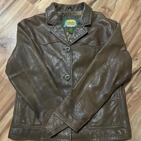 Cabela’s Brown Leather Jacket with Textured Details Sz L - Picture 1 of 12